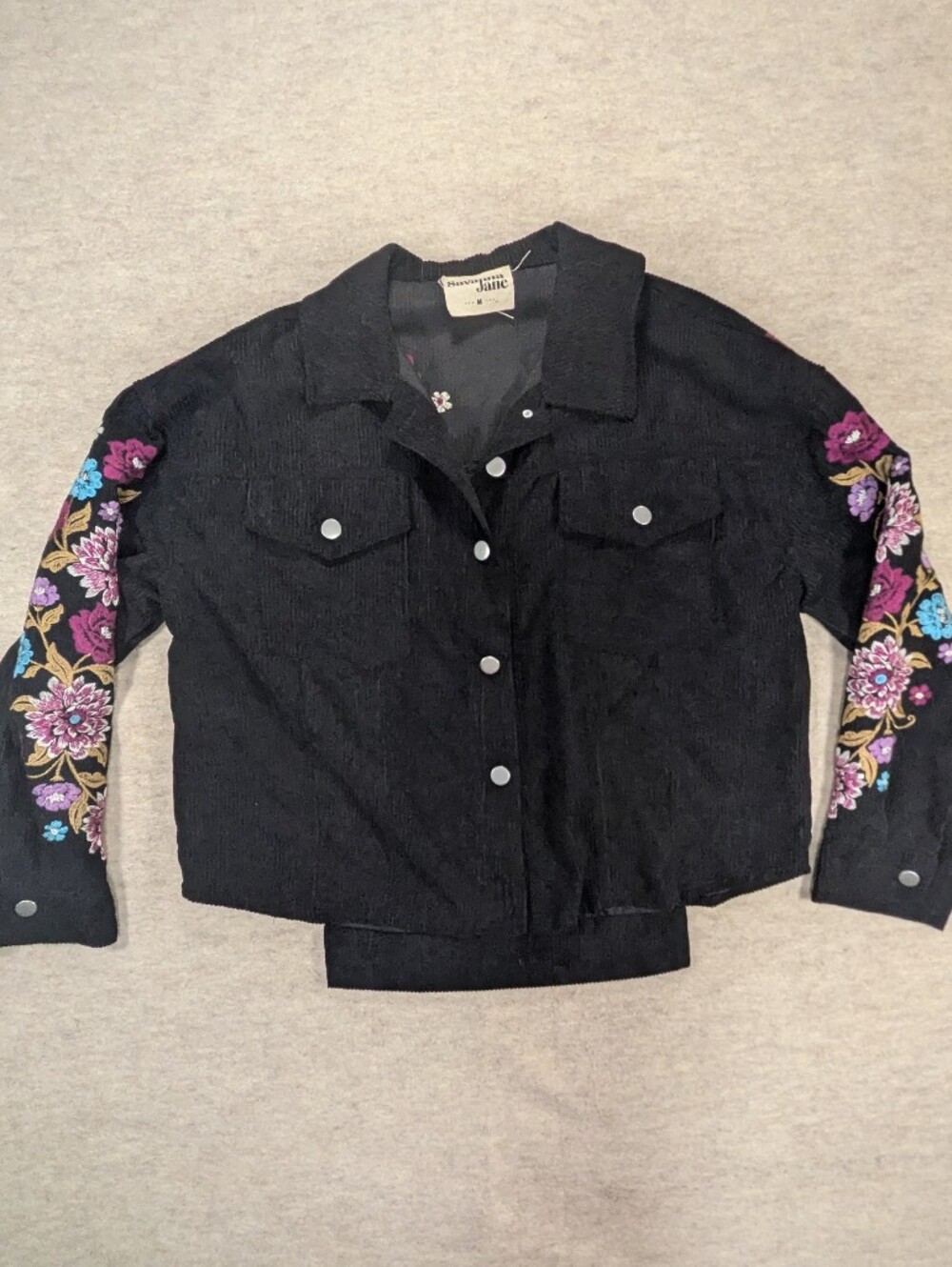 Sincerely Jules Black Corduroy Country Jacket Embroidered Floral Sleeves Back M - Picture 4 of 10